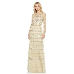 Mac Duggal 8030 NWT Polka Dot Long Sleeve Floral Ruffle Tiered Maxi Dress Size 8